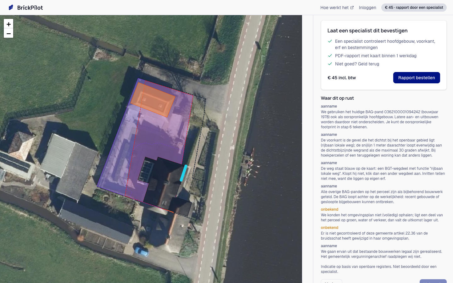 De vergunningvrij-check met een perceel op de luchtfoto, het paarse bebouwingsgebied en de beoordeling naast de kaart.